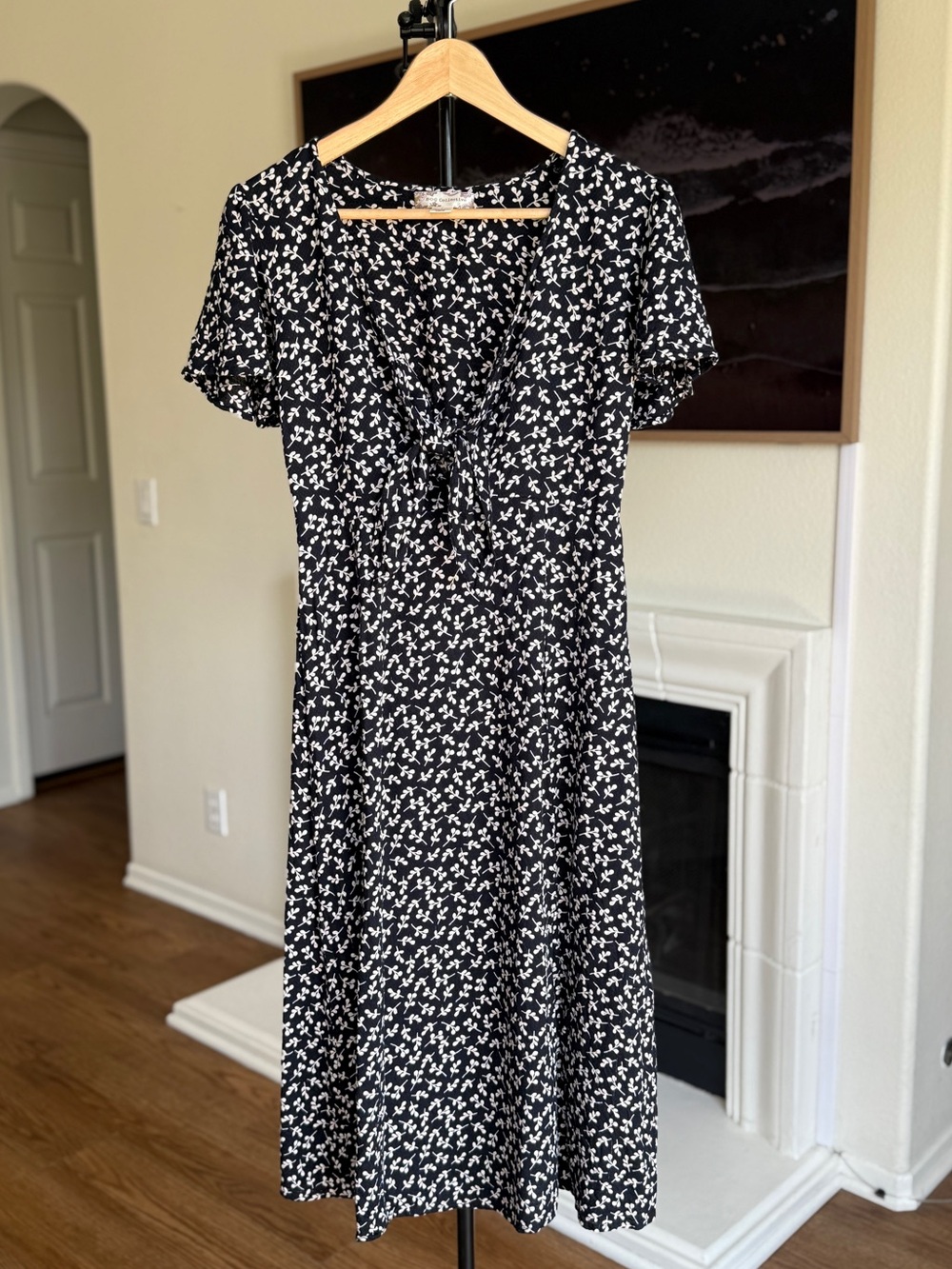 Black Ditsy Floral Front Tie Knot Dress Size Small Boho Cottagecore Coquette